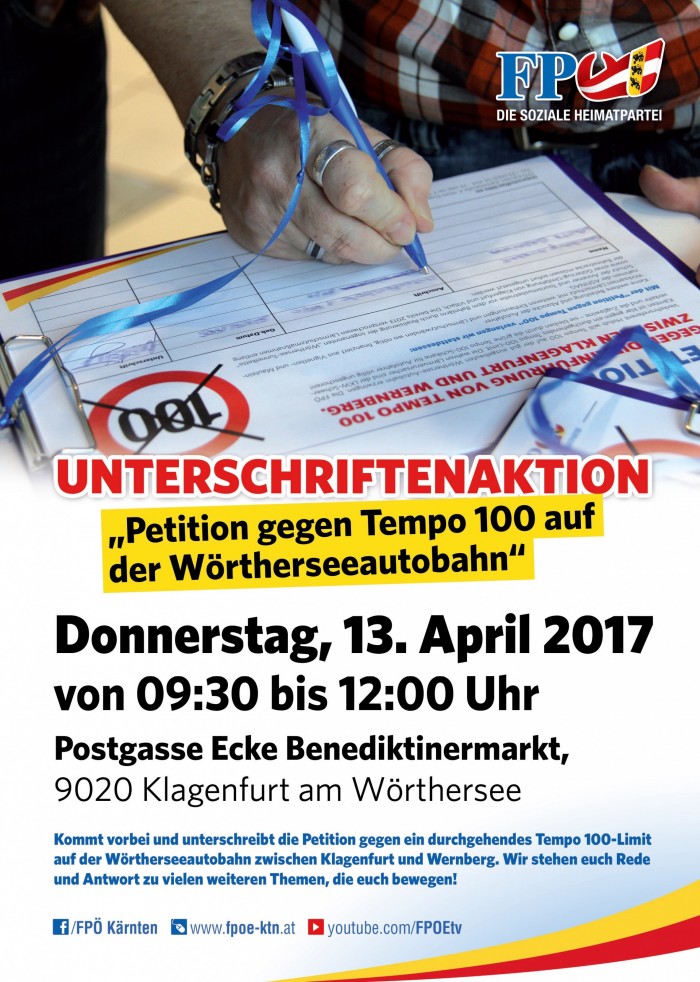 Unterschriftenaktion "Petition gegen Tempo 100 auf der Wörtherseeautobahn"